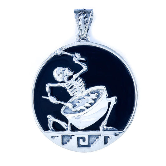 Sterling Silver & Black Mother Of Pearl Psychopomp Drummer Pendant (1-1/8” x 1-1/2”)