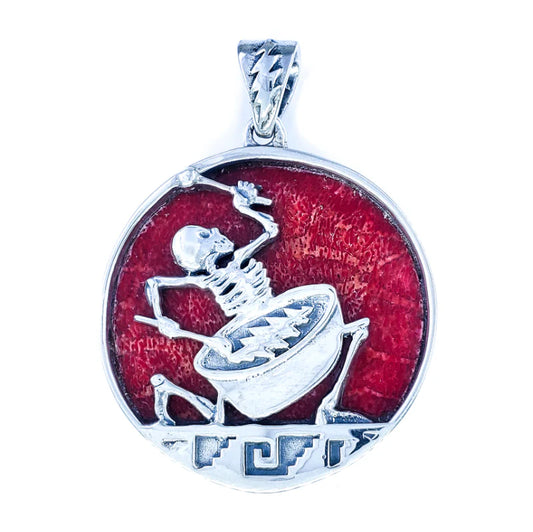 Sterling Silver & Red Coral Psychopomp Drummer Pendant (1-1/8” x 1-1/2”)